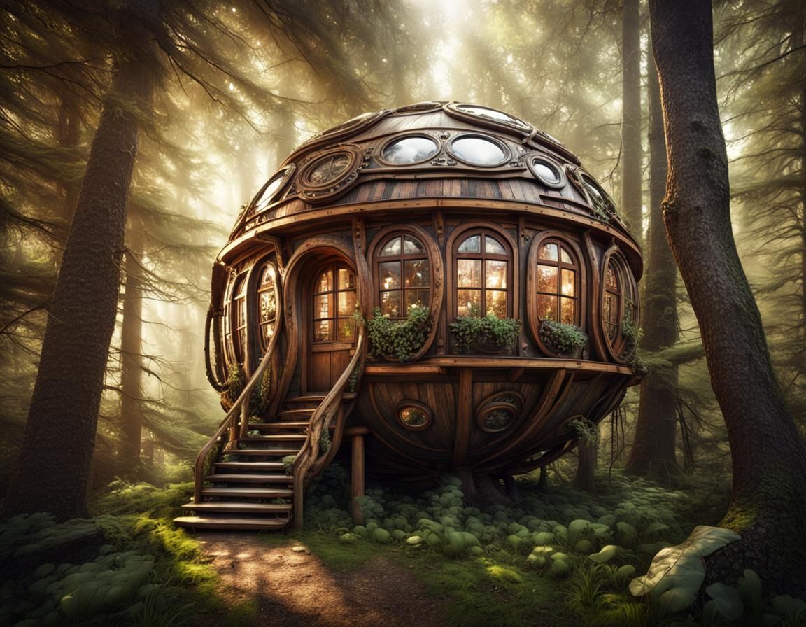 Steampunk Dwelling in Fantasy Forest, Digital Art