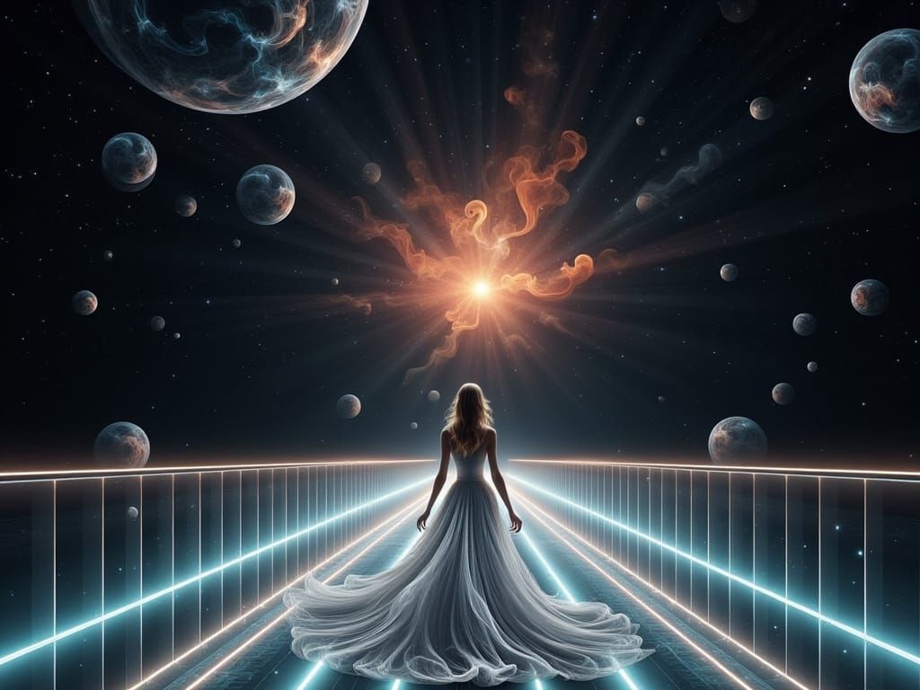 Ghostly Woman on Light Bridge Over Star Sea