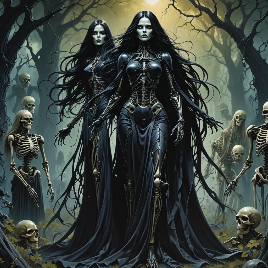 Android Witch in Graveyard: Photorealistic Roger Dean Style