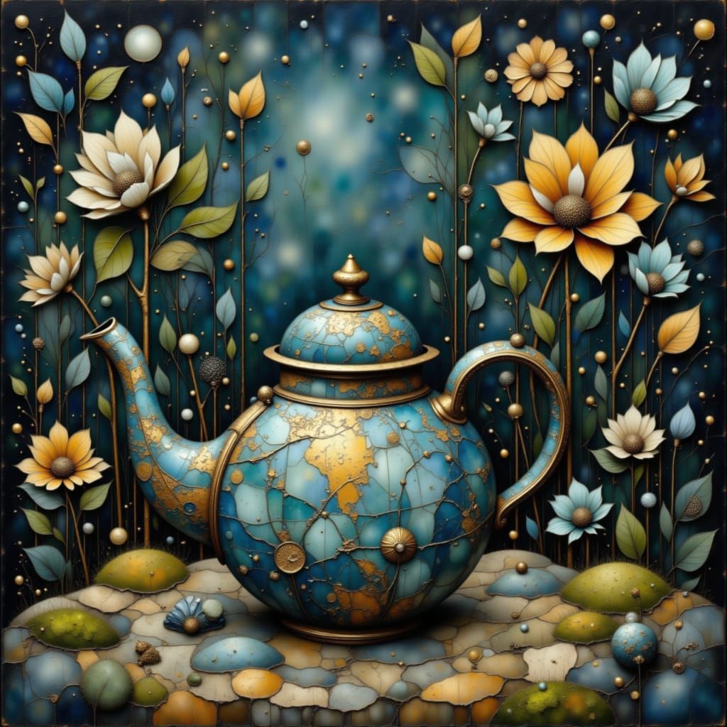 Antique Moonstone Teapot on Altar in Enchanted Grove