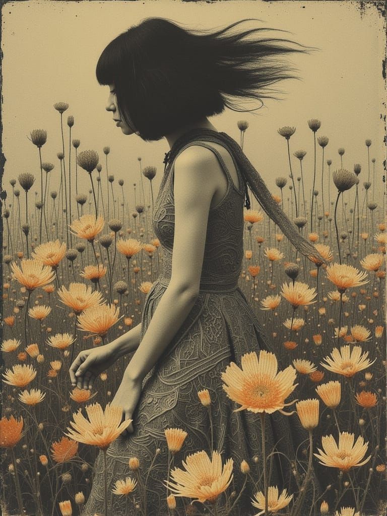 Funky Lady Strolls Through Vibrant Lily Field