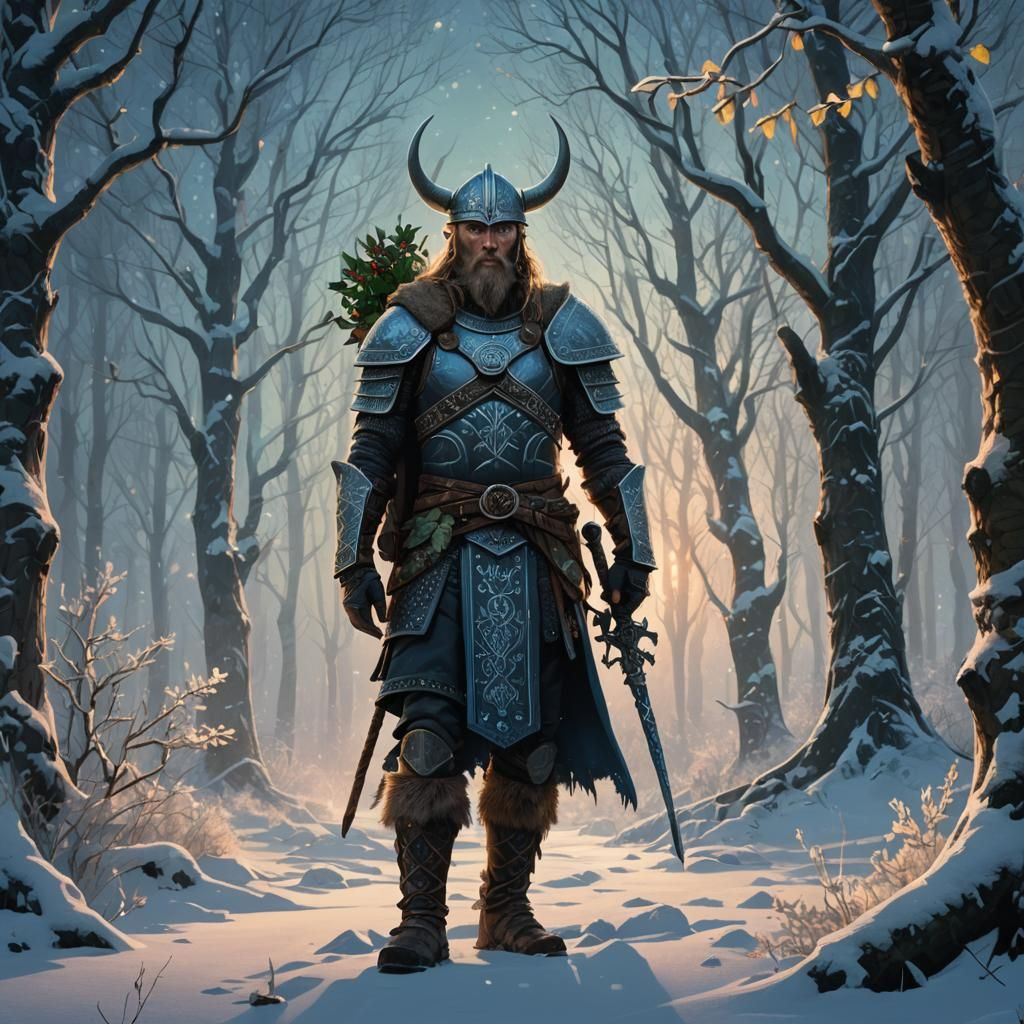 Viking Warrior in Winter Forest with Nordic Runes