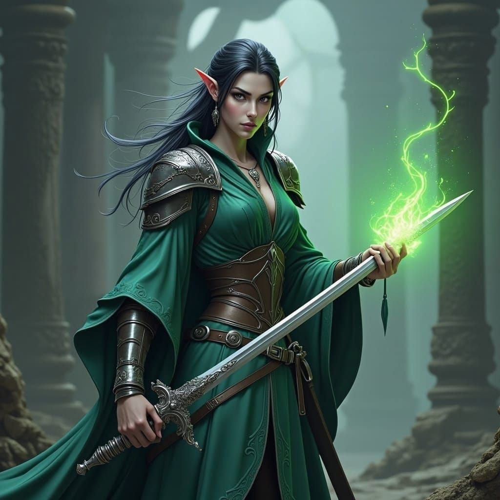 Black Haired Elf Casts Spell in Fantasy Art