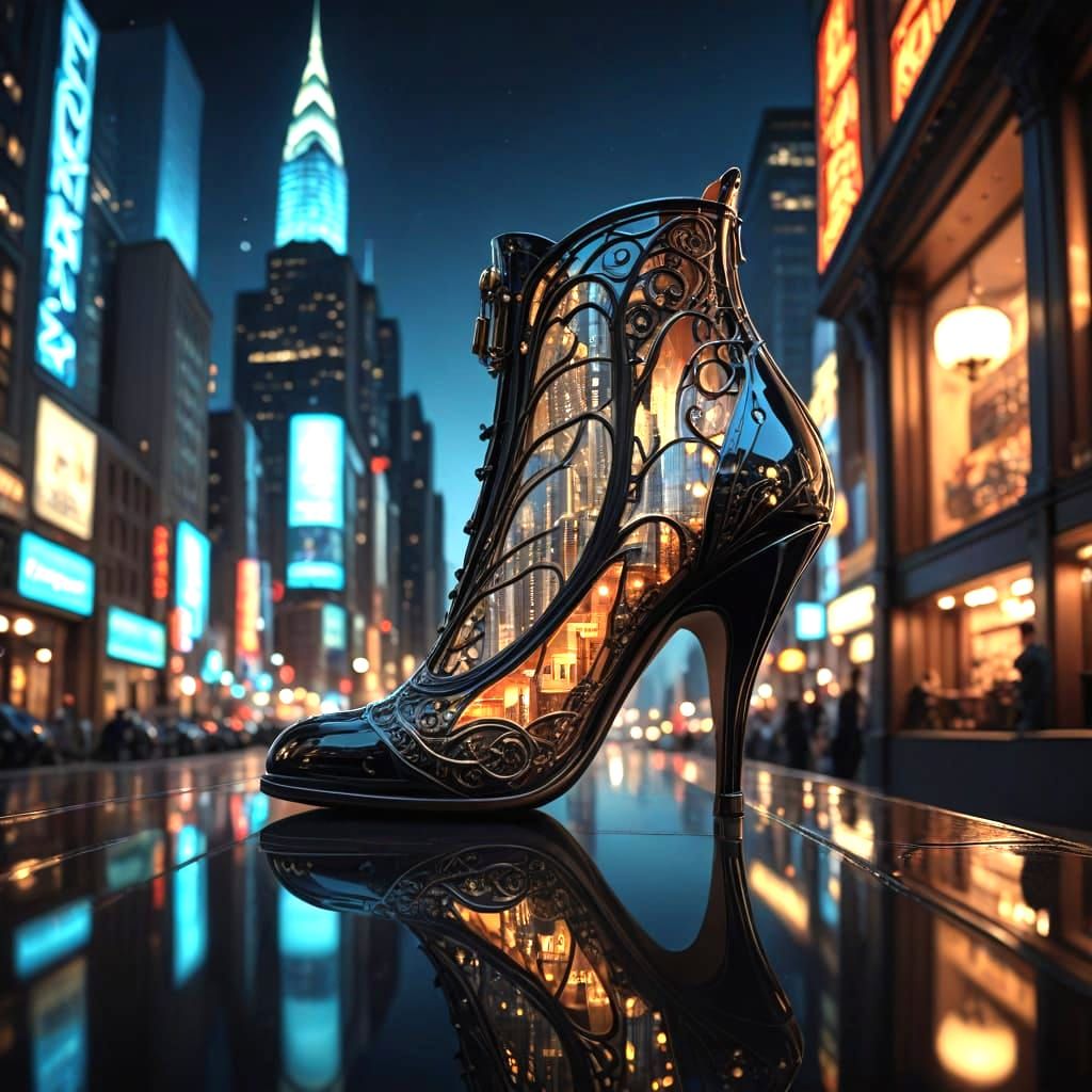 Surreal Cityscape Shoe Interior in Art Nouveau Style