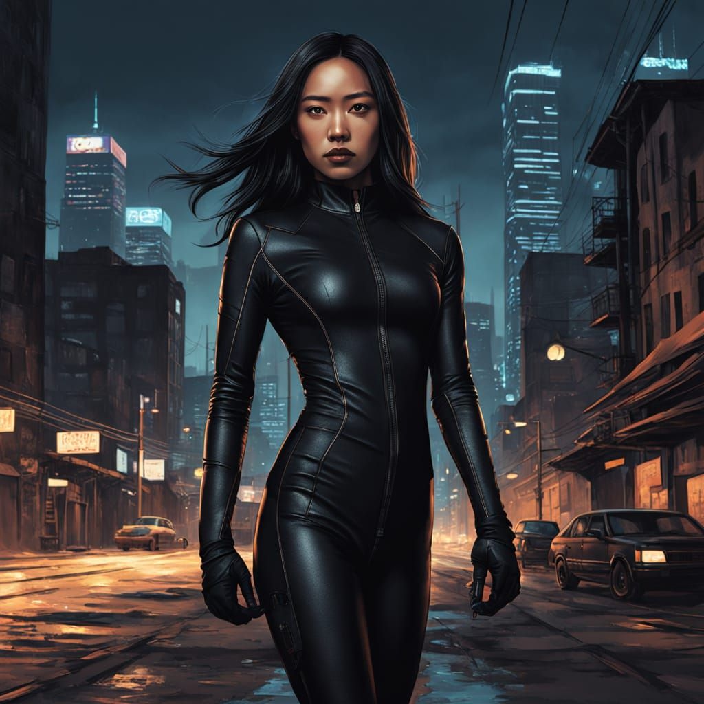 Gritty Filipina Noir Goddess in Cyberpunk Urban Landscape
