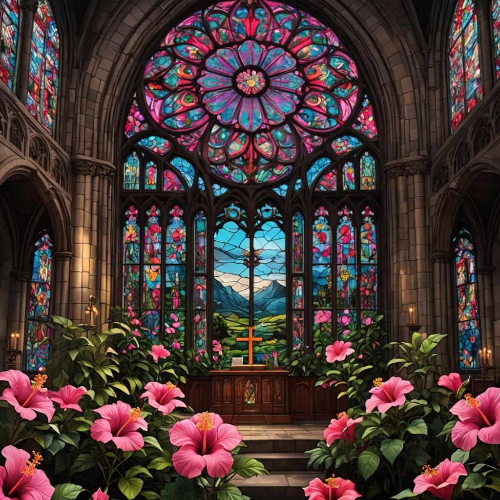 Stained Glass Church with Pink Hibiscus Flower