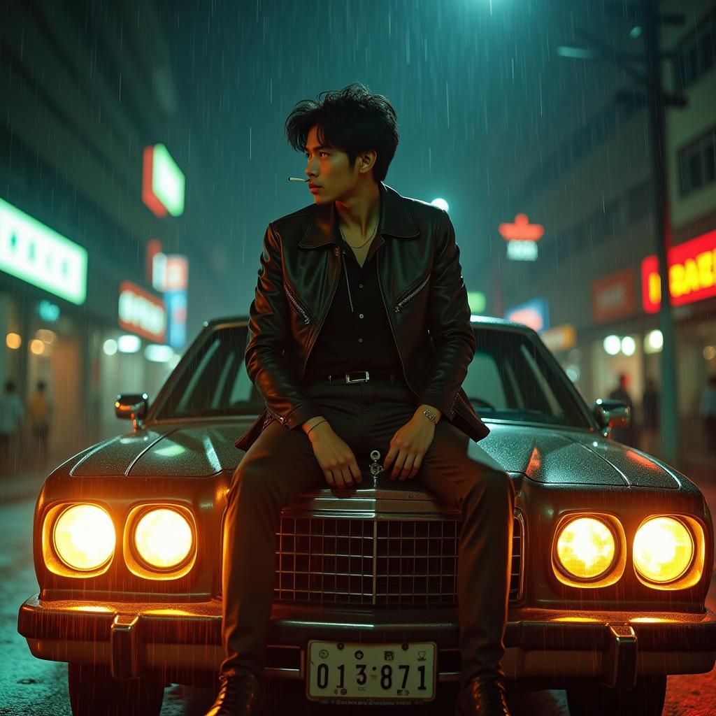 Vintage Car and Asian Man in Rainy Neon Noir