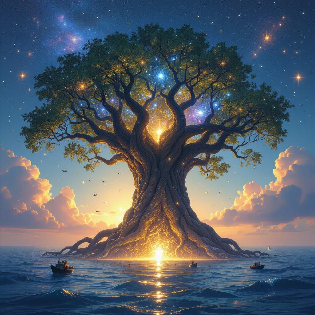 Starlight Tree Rising from the Ocean in Surreal Style