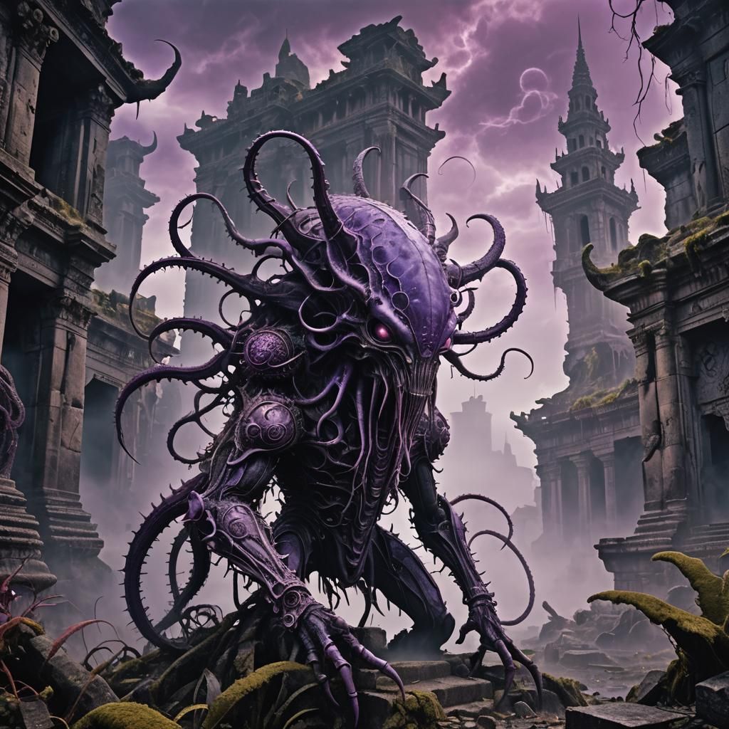 Biomechanical Alien Creature in Eerie Landscape