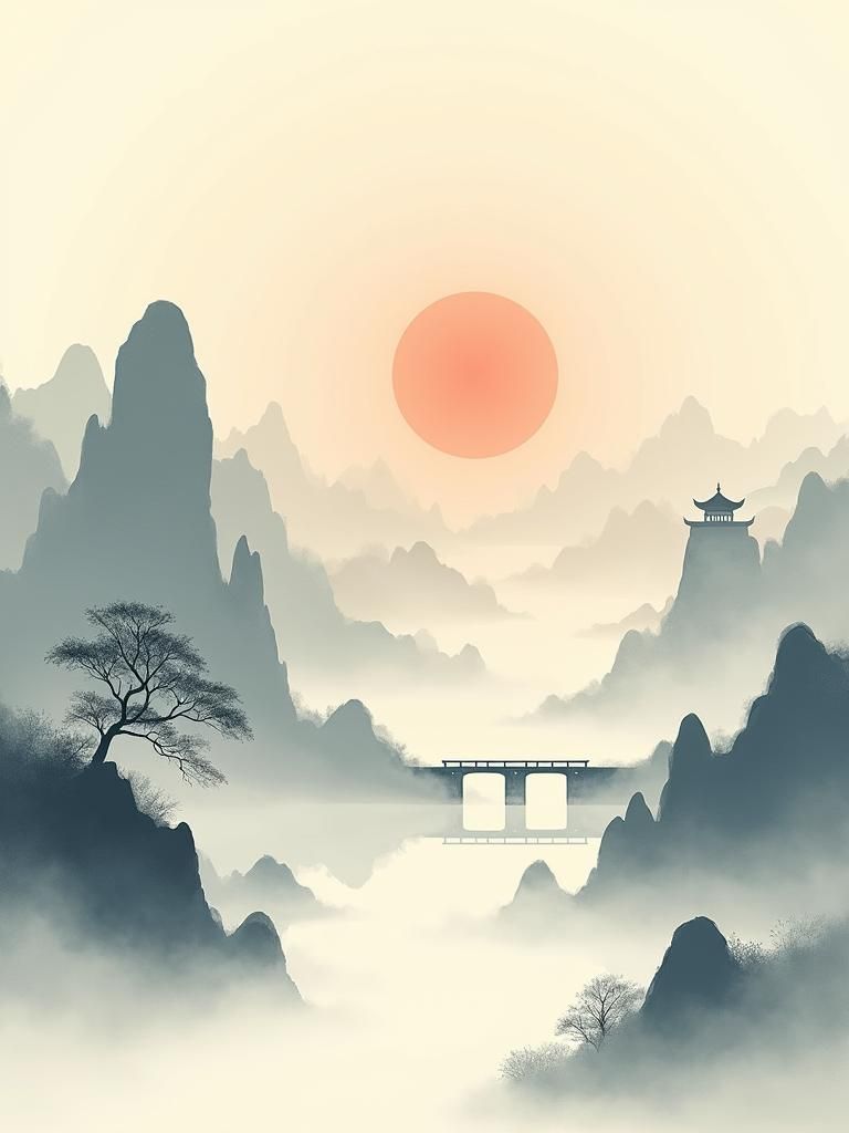Chinese Landscape in Soft Mist and Warm Light