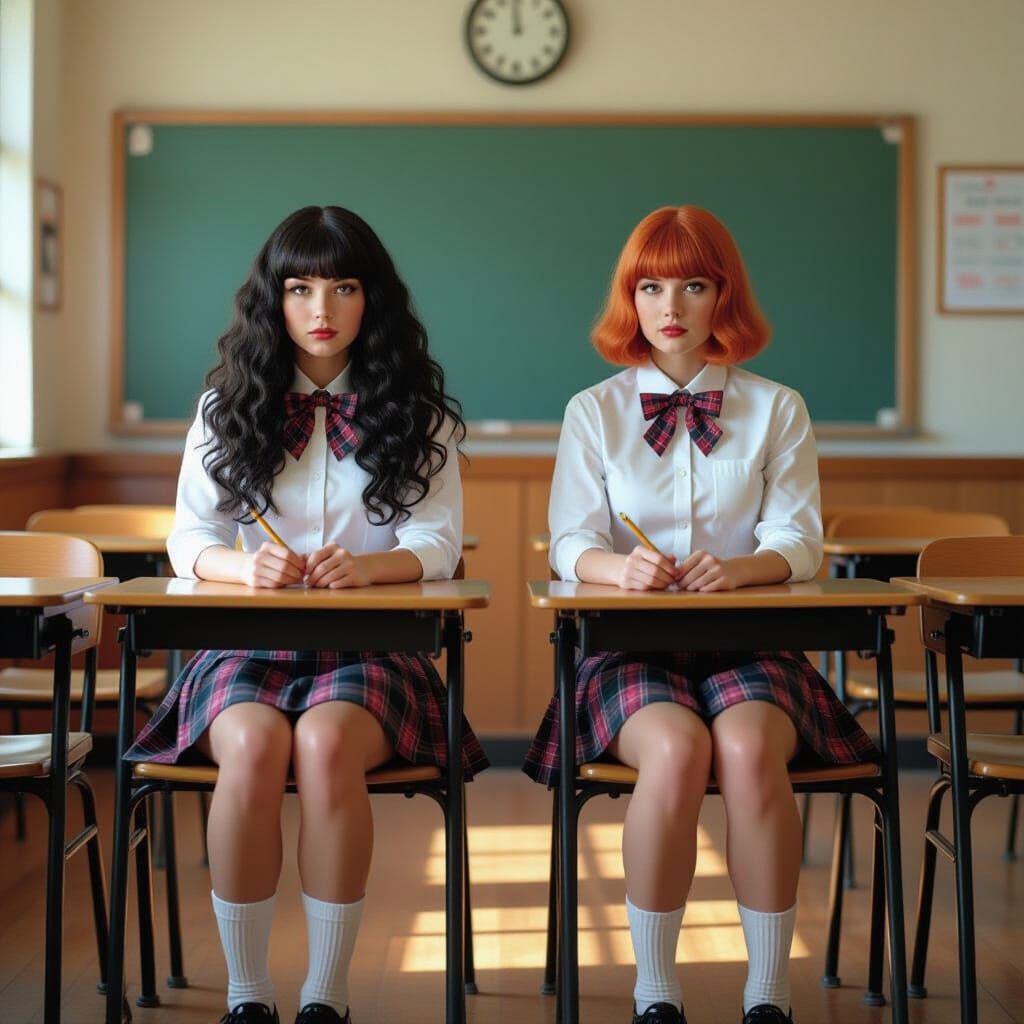 Schoolgirls in Classroom, Hyper-Realistic Sci-Fi Art