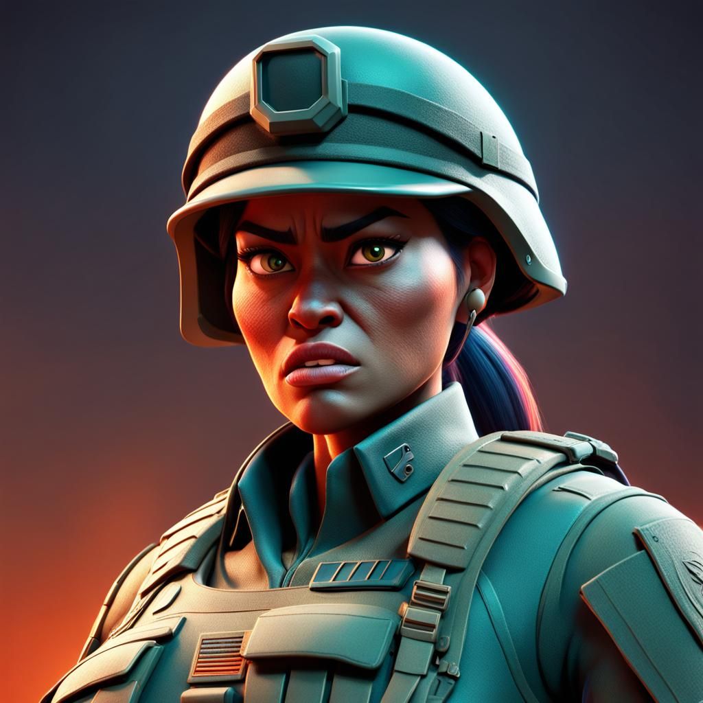 Angry Female Soldier in Pixar-style 3D Art