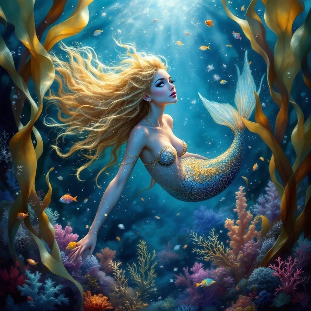 Surreal Mermaid Amidst Kelp in Iridescent Scales and Shimmer...