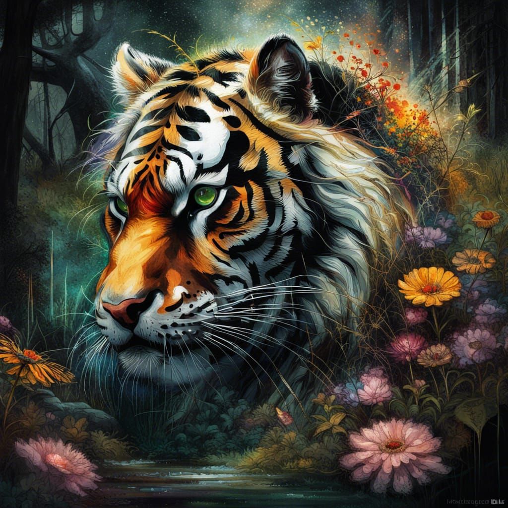 Majestic Tiger in Enchanted Flower Meadow, Dark Fantasy Art