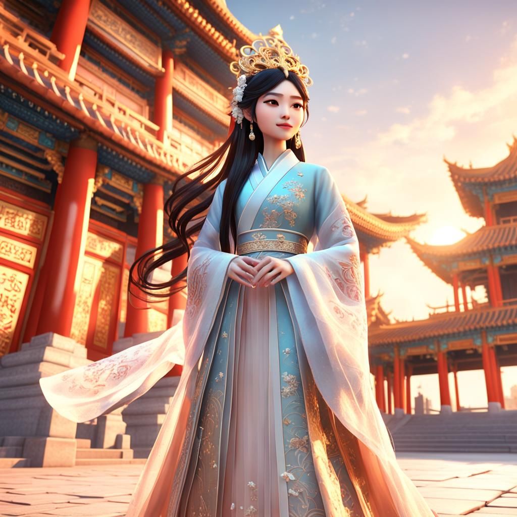 Girl in Hanfu Costume: Pixar-Style 3D Rendering