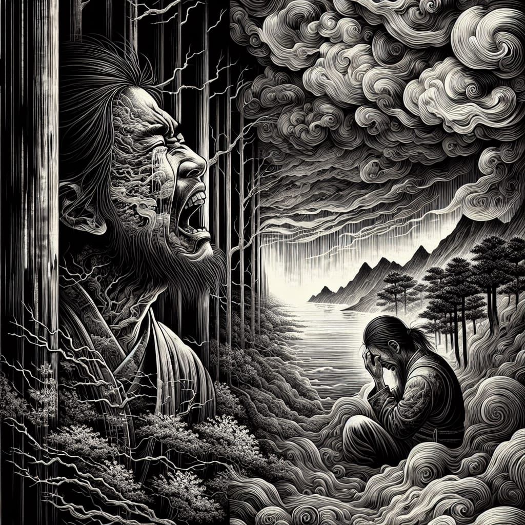 Emotional Forest Scene in Japanese Ink Style