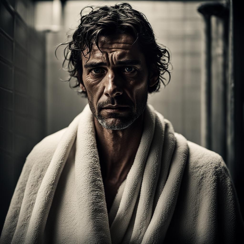 Detailed Portrait of Man After Shower, Hyperrealism