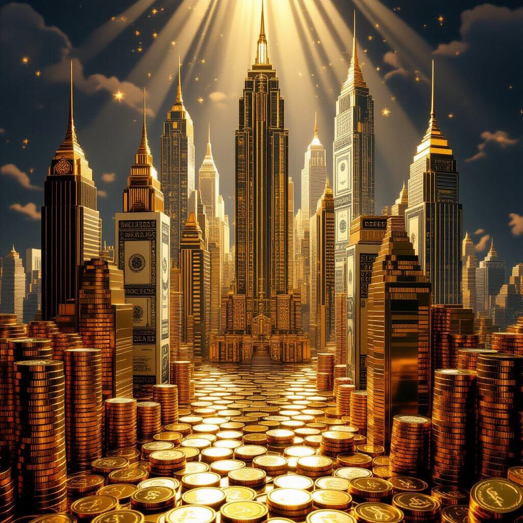 Art Deco Cityscape Made of Coins and Bills
