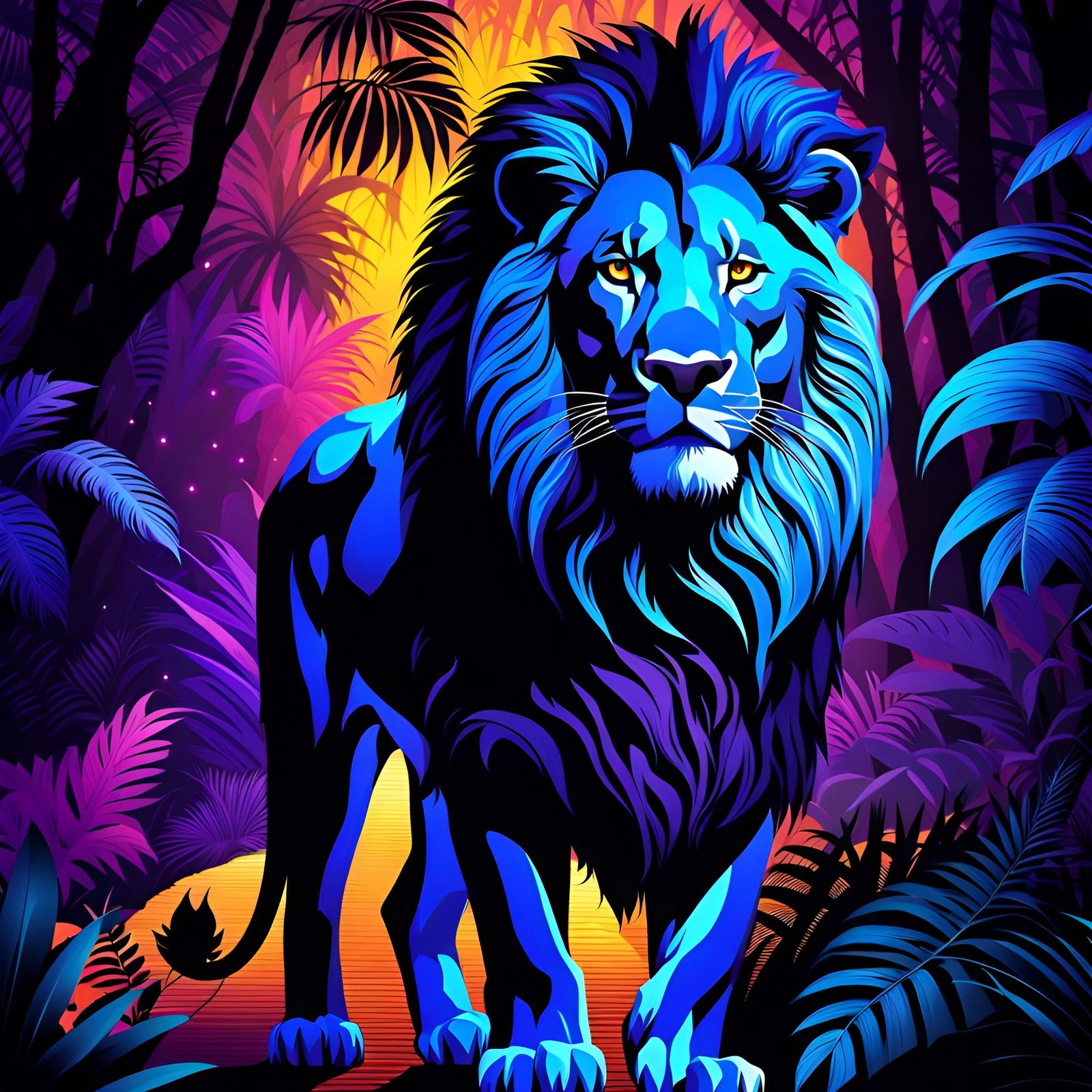 Black Light art of a lion in the jungle.