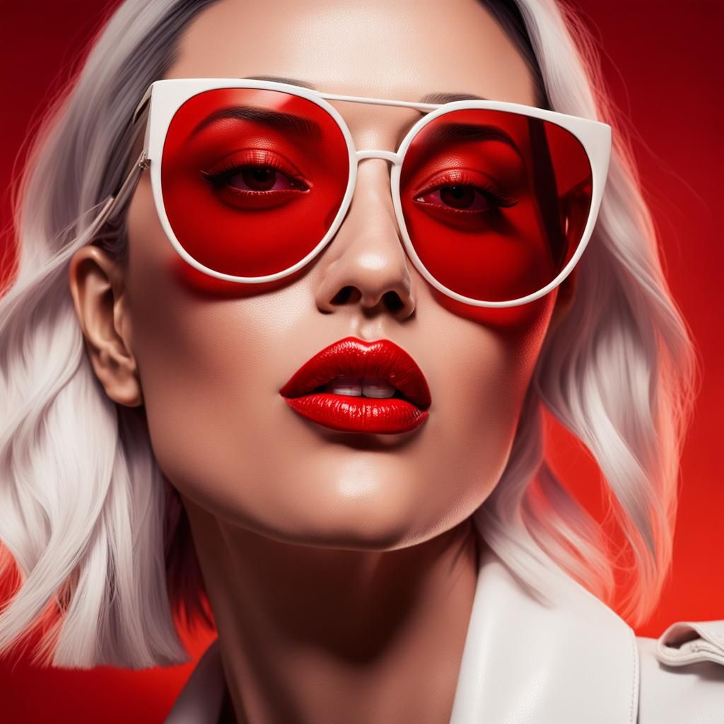 Hyperrealistic Portrait of Girl with Red Lips and Sunglasses
