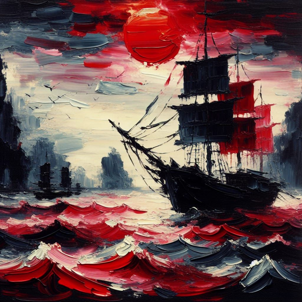 Expressionist Painting of Chinese Junk in Crimson Storm
