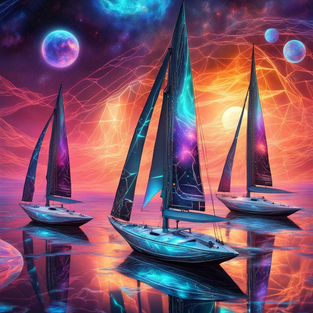 Futuristic Space Sailboats in Astral Holographic Style