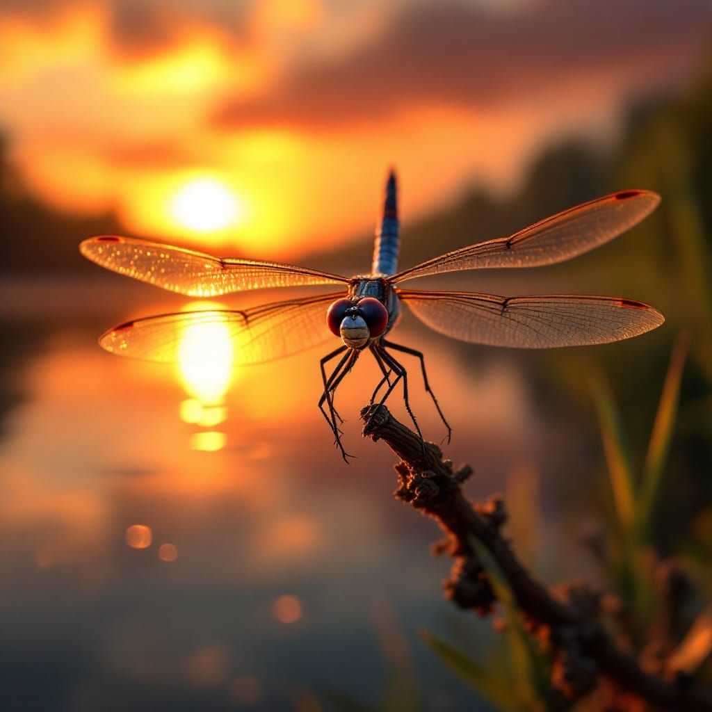 Surreal Dragonfly in Golden Hour Over a Serene Lake