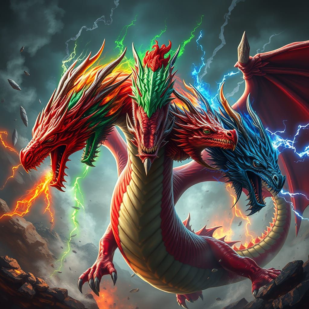 Multicolored Dragon Unleashes Chaos in a Fantastical Storm