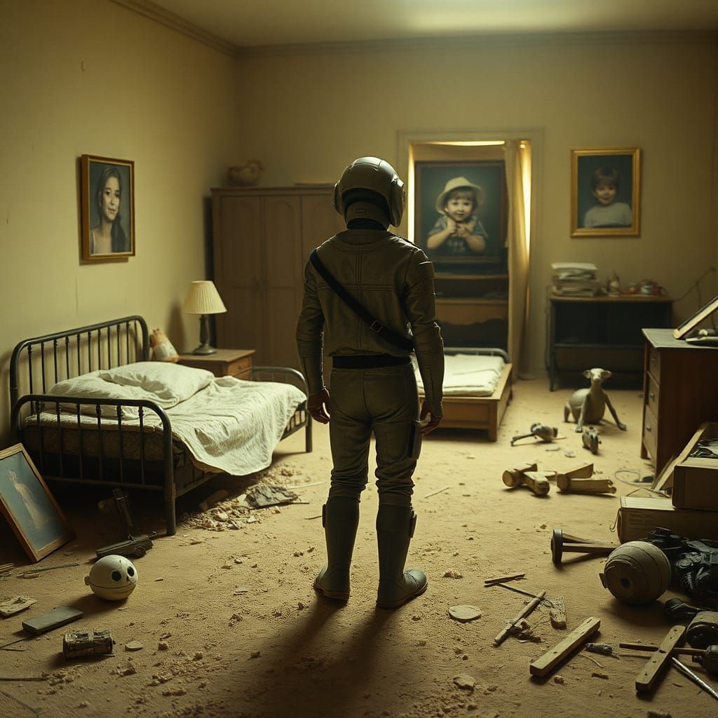 Post-Apocalyptic Room with Alien Figure in Cinematic Style