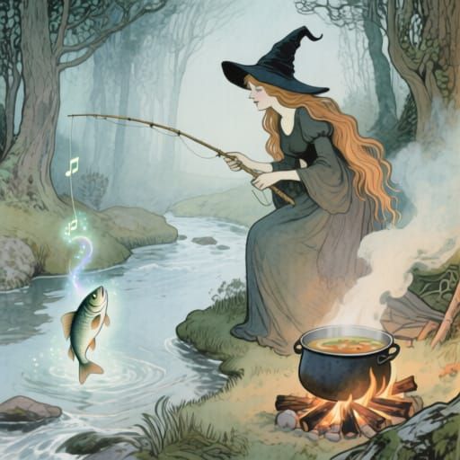 Mystical Witch Fishing in Pastel Watercolor Style