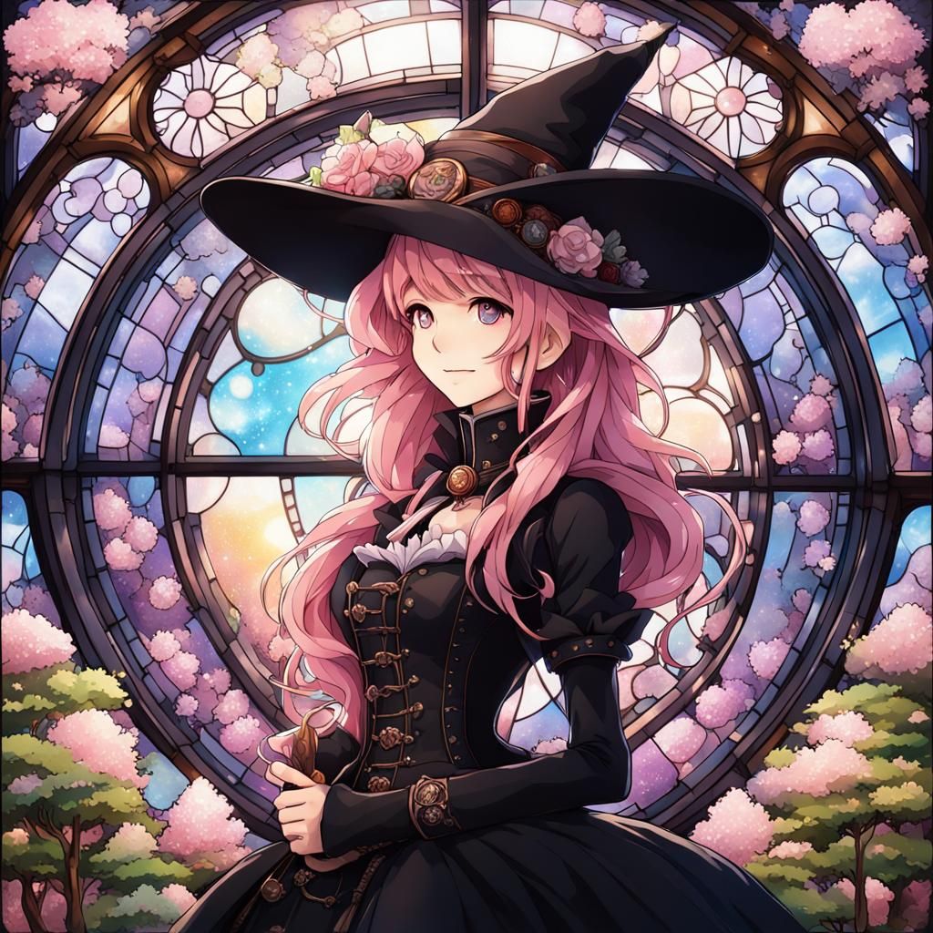 Steampunk Witch with Galaxy Stained-Glass Window