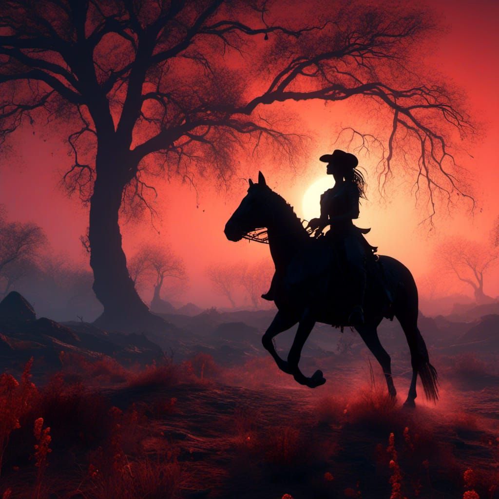 Cowgirl Silhouette at Sunset: Detailed Matte Painting