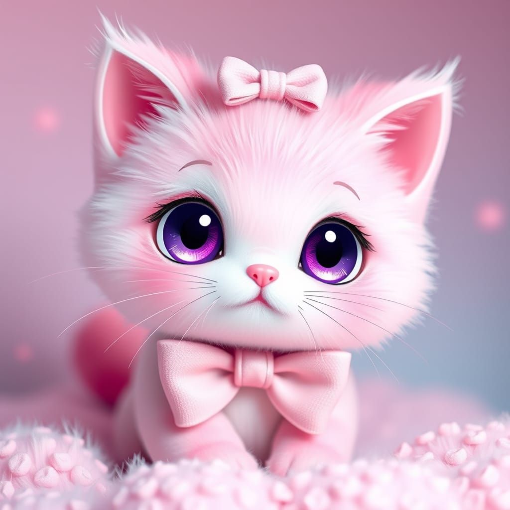 Adorable Pink Kitty with Purple Eyes in Kawaii Style