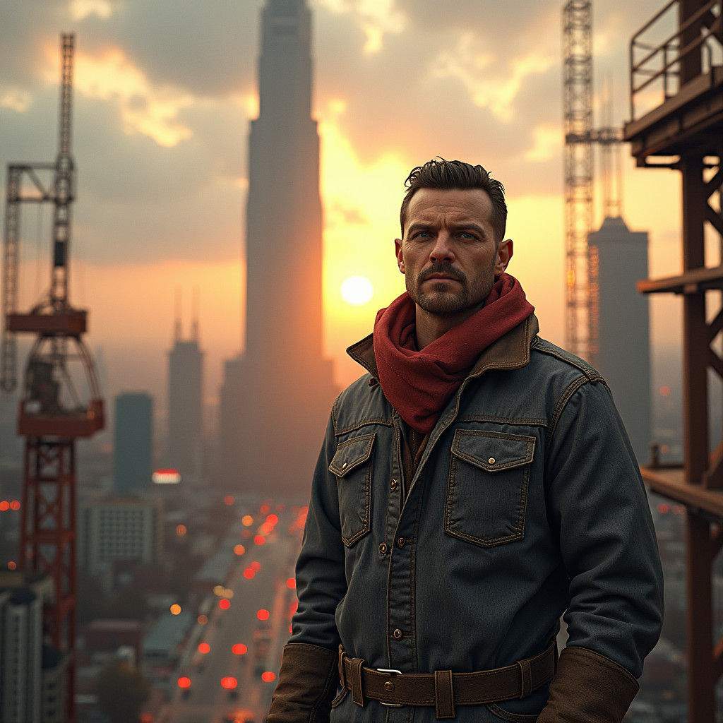 Futuristic Moscow Construction Worker in Golden Light