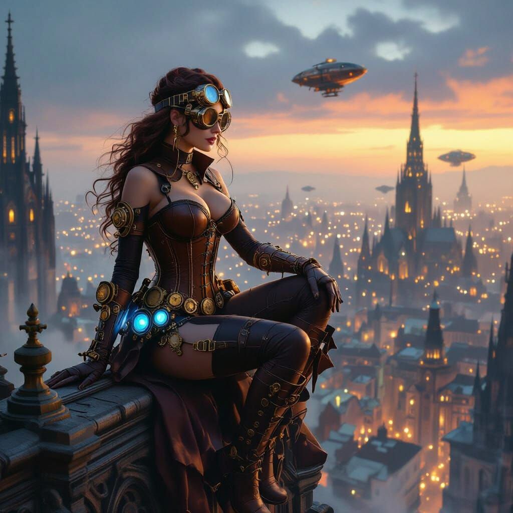 Steampunk Superheroine Overlooks Gothic Cityscape at Dusk
