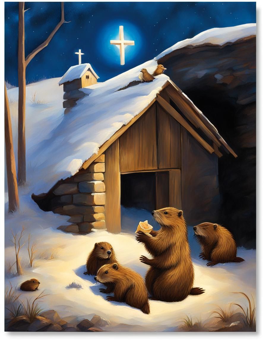 Beavers Adoring Baby Jesus in Manger