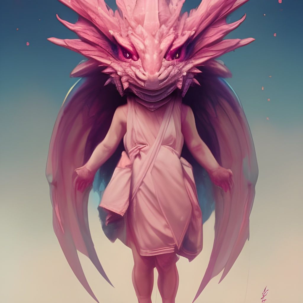 Pink Chibi Dragon Portrait in Art Nouveau Style