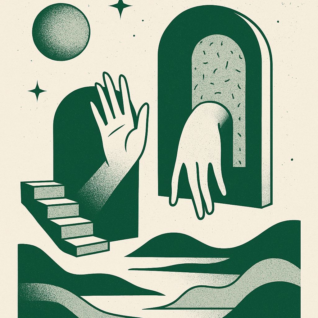 Surreal Green Illustration: Hands Reaching Through Cosmic Do...