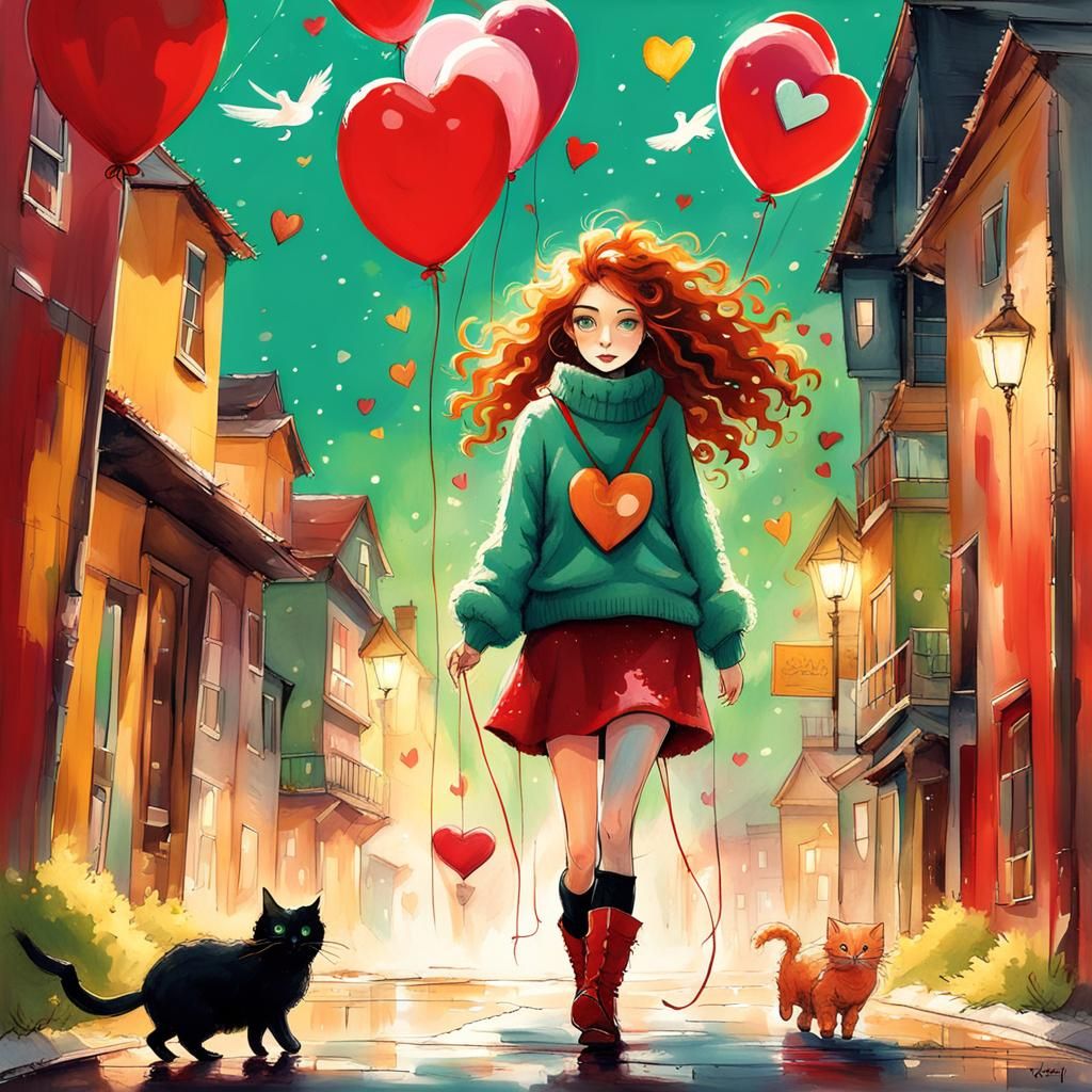 Whimsical Girl with Cat in Fantasy Graffiti Art
