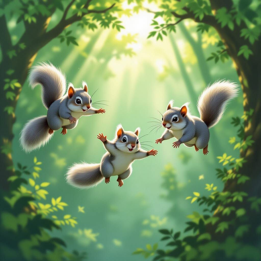 Three Flying Squirrels Dive Through Sunlit Forest