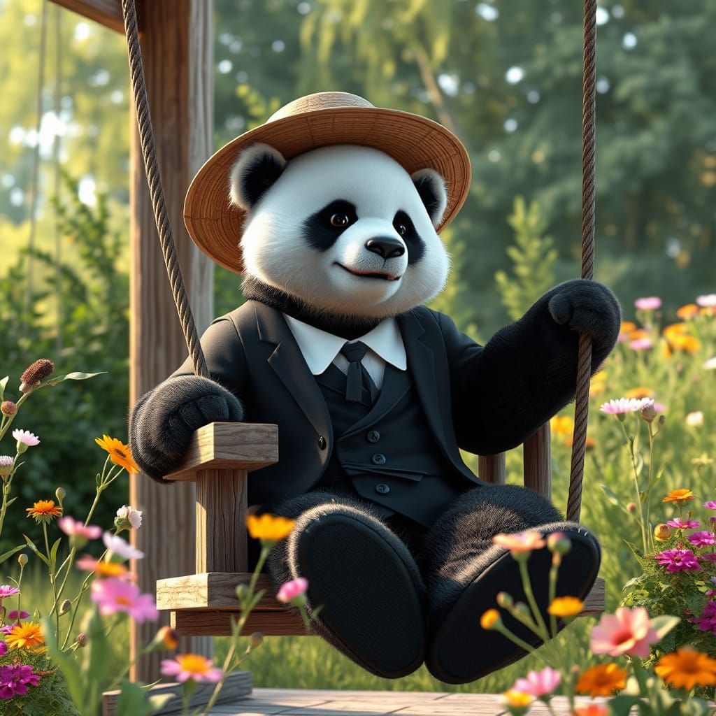 Amish Panda Enjoys Peaceful Porch Swing in 3D Anime Style
