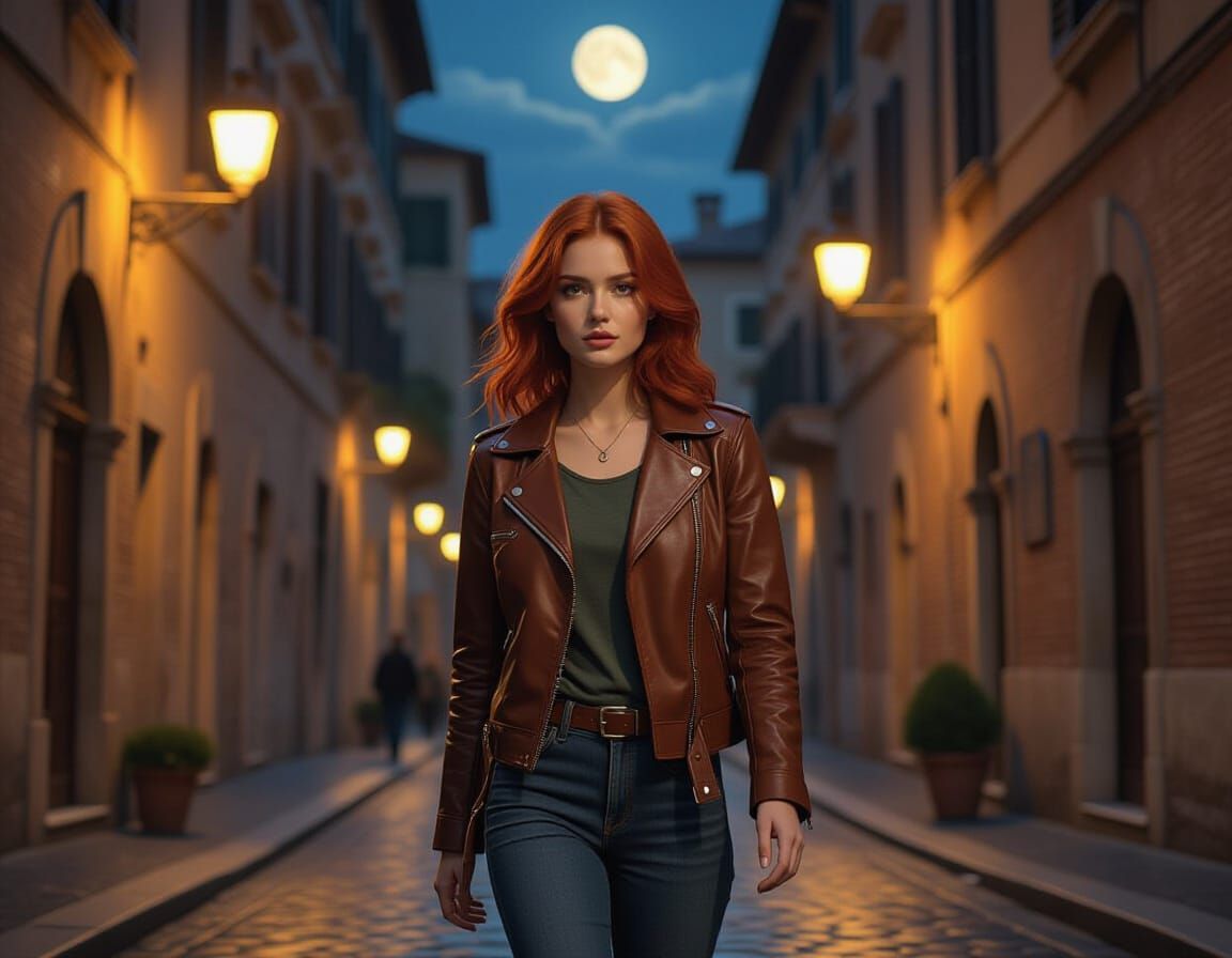 Woman Walks Rome's Streets on Moonlit Evening