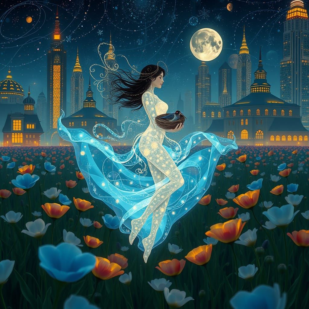 Dreamlike Woman in Poppy Field, Surreal Art Style