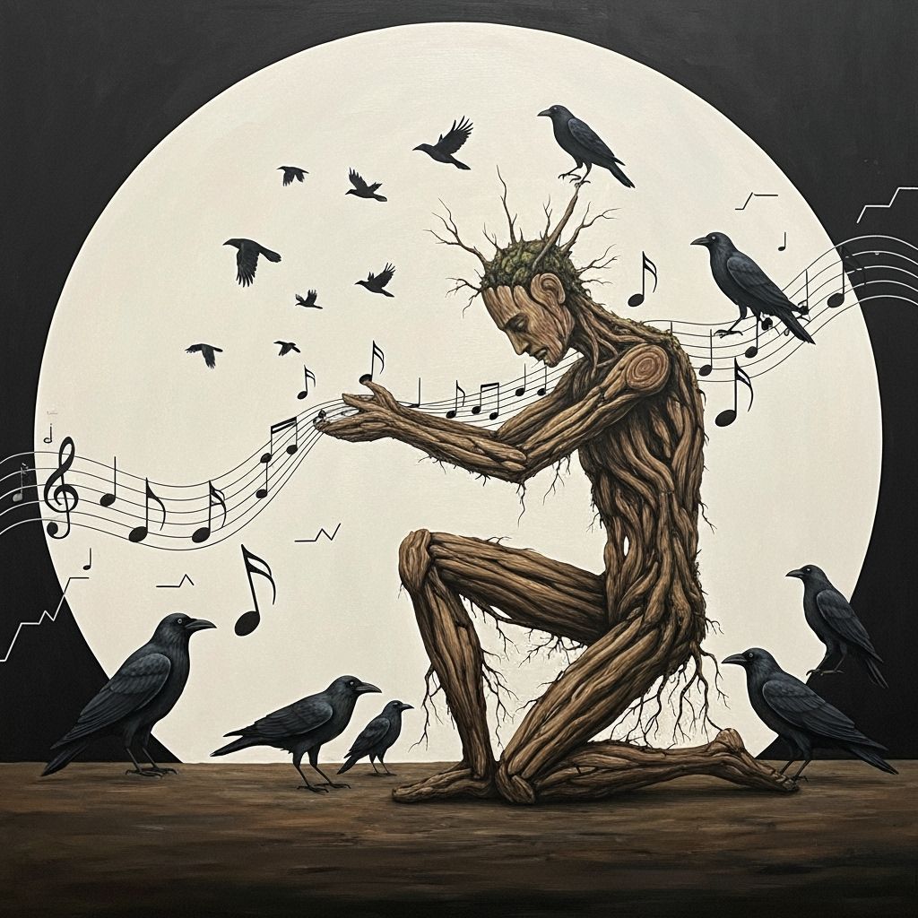 Surreal Root Figure Creates Music Amidst Crows