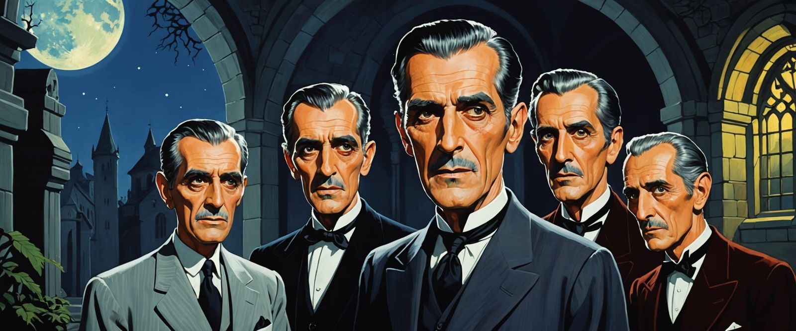 Classic Horror Icons in Moonlit Crypt