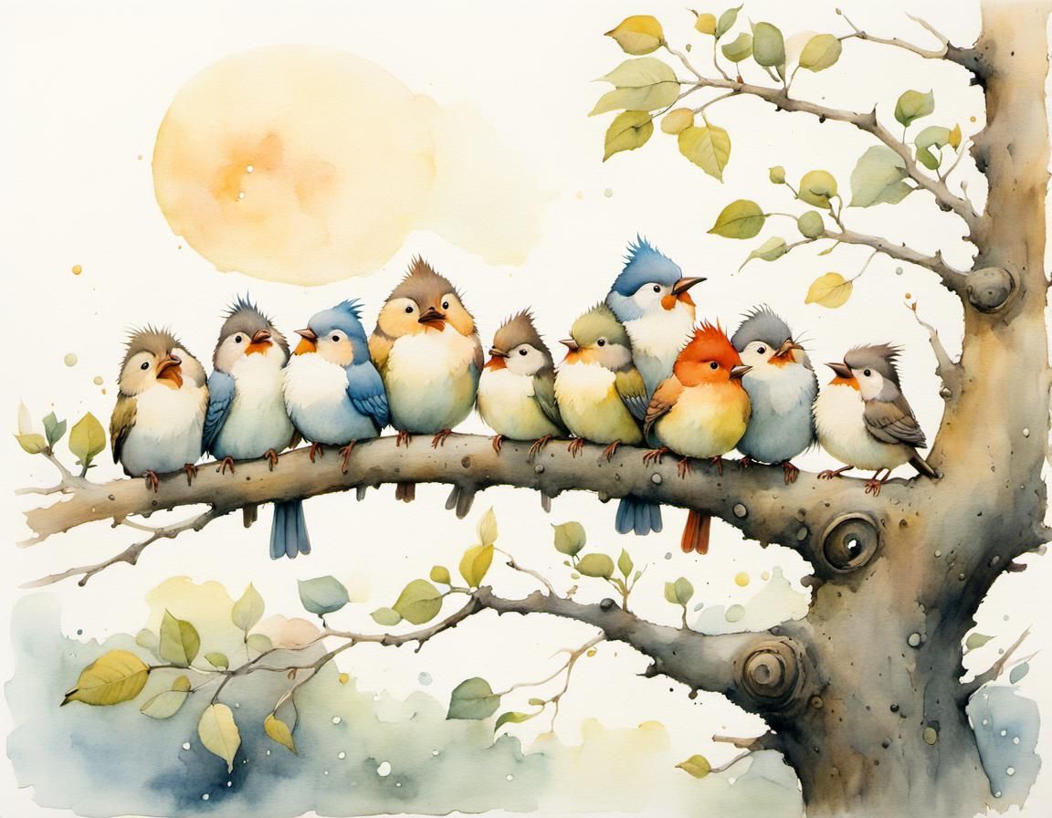 Birds Chirping on a Branch in Watercolor Style