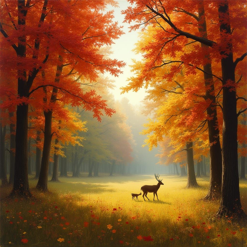 Autumn Forest Meadow with Grazing Deer in Painterly Style
