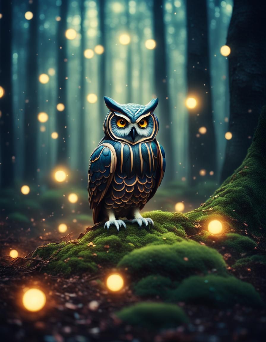 Mystical Forest with Glowing Owl in Polaroid Style