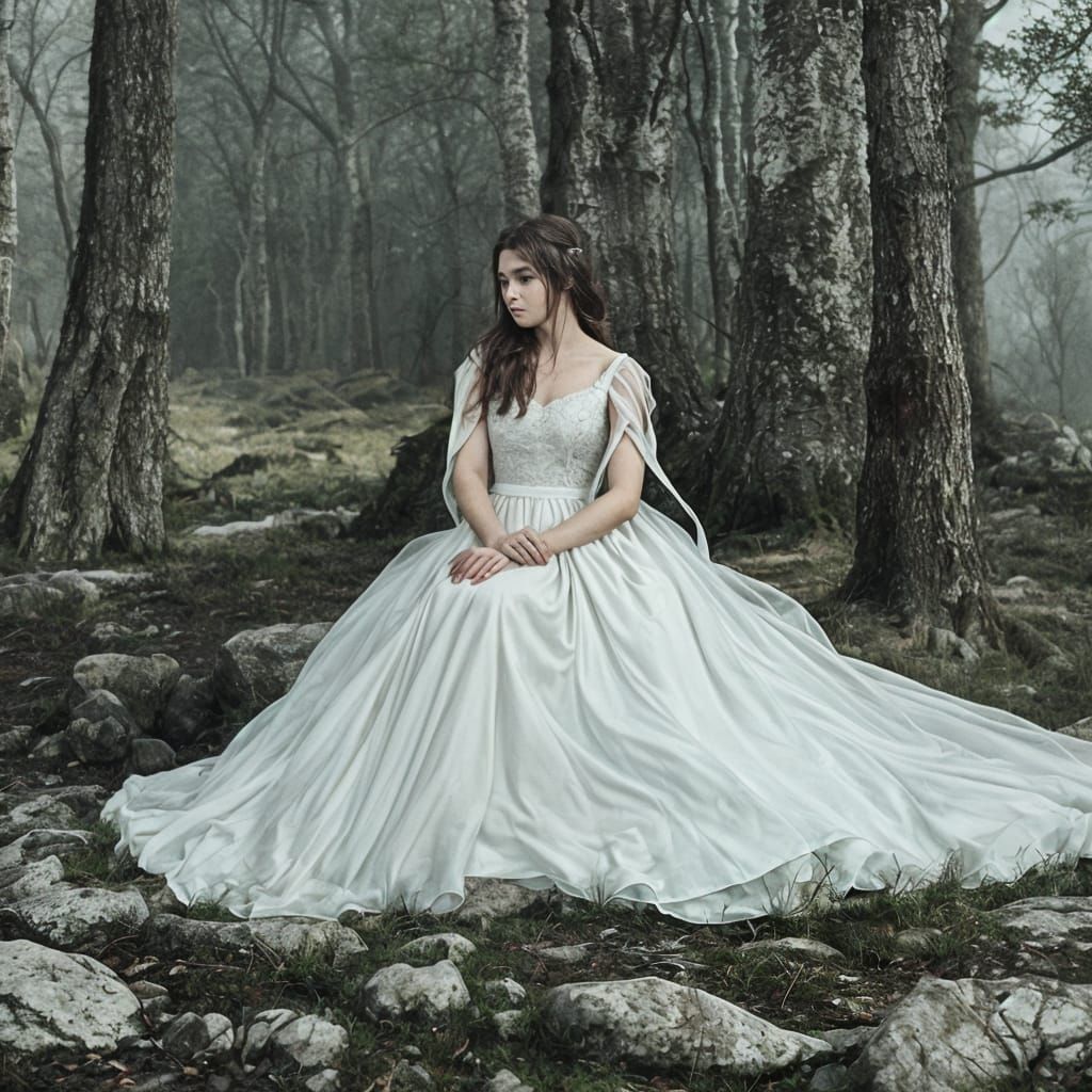 Girl in White Dress Approaching Dark Castle