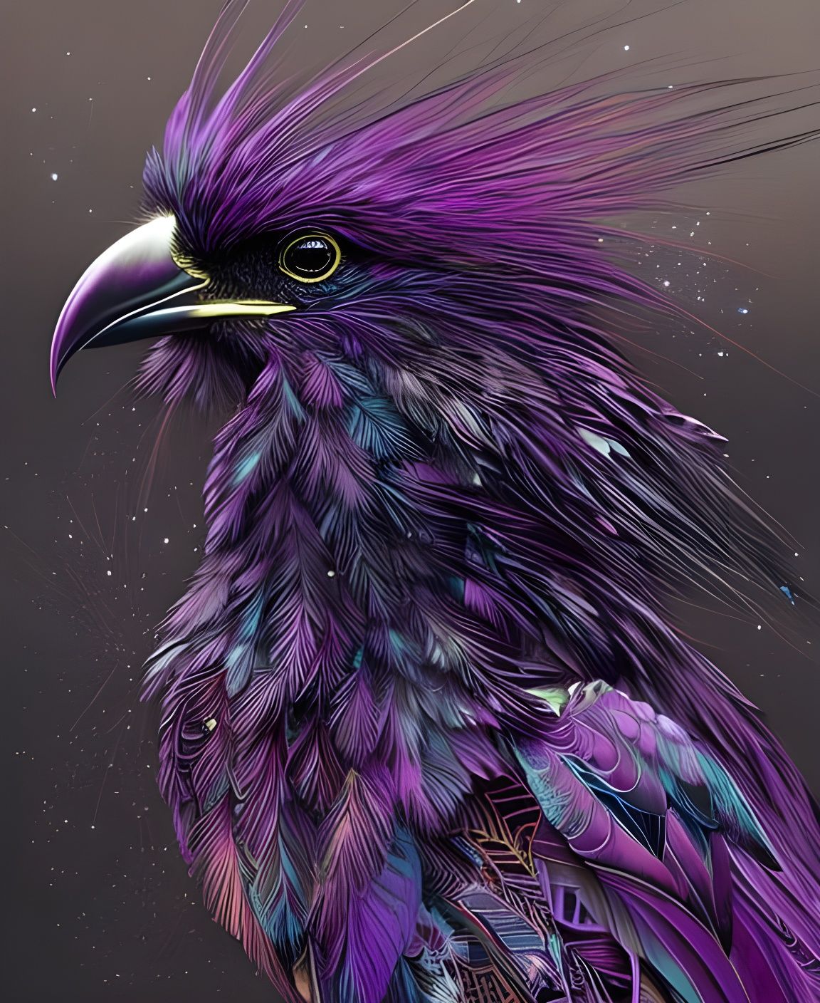 Exotic Purple Bird Portrait with Bronze Outlines